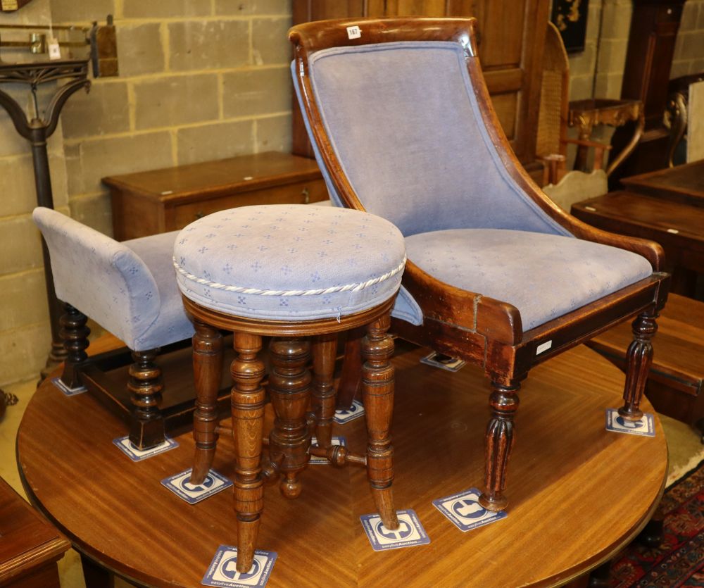 A Regency simulated rosewood side chair, a late Victorian oak adjustable piano stool and a 1920s oak stool